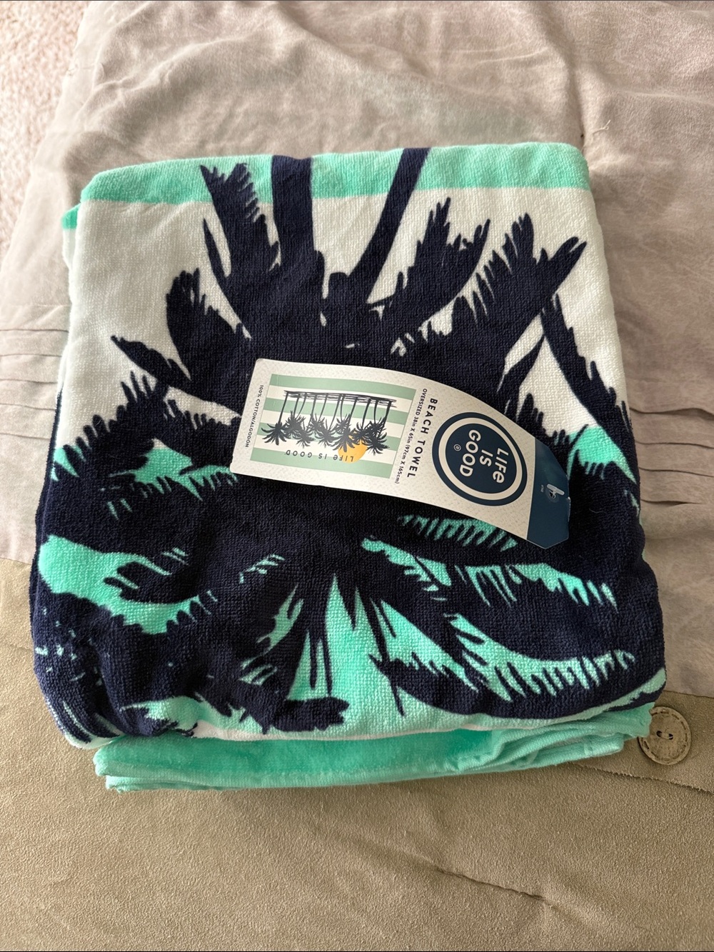Life Is Good Palm Silhouette Beach Towel - Aqua & Navy